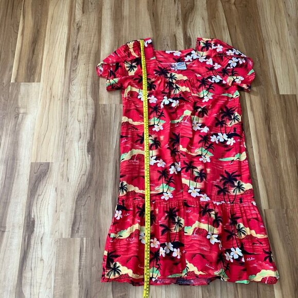 Vintage Hawaiian Togs Red Mumu Dress Large Palm Trees Hibiscus - Picture 3 of 15